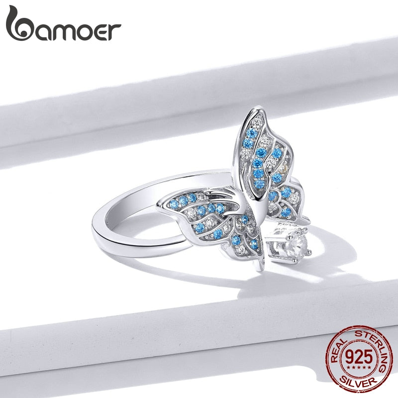 Anel Ajustável Borboleta Azul Bamoer