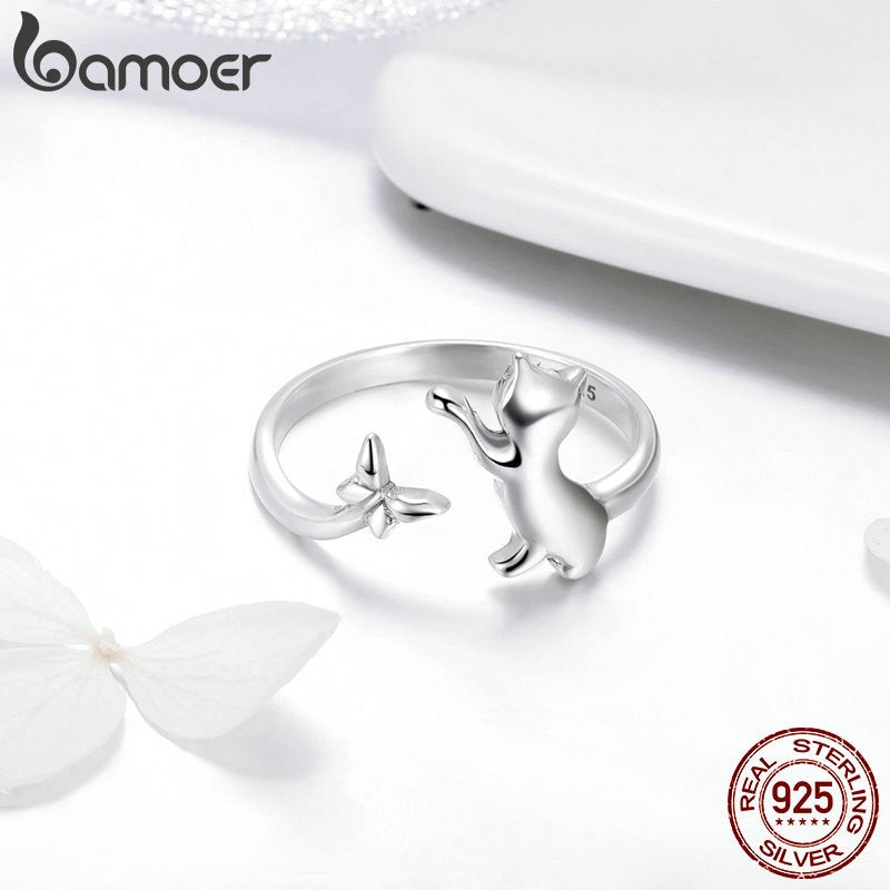 Anel Ajustável Gatinho e Borboleta Bamoer
