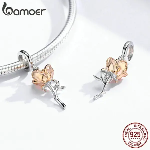Berloque Bamoer Rosa Dourada em Prata 925